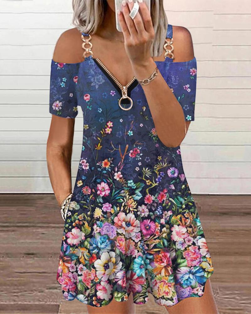 

Floral Print Chain Strap Cold Shoulder Casual Dress, Purplish blue