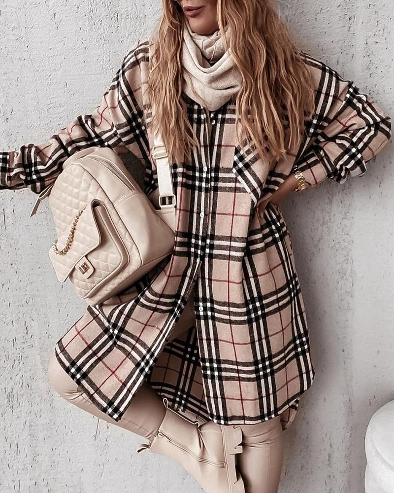 

Long Sleeve Plaid Print Button Design Slit Shacket, Khaki