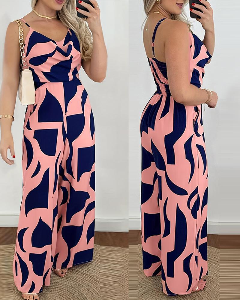 

All Over Print Wide Leg Jumpsuit, Pink