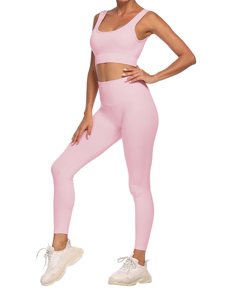 

Plain Sleeveless Low Cut High Waist Skinny Active Sets, Pink
