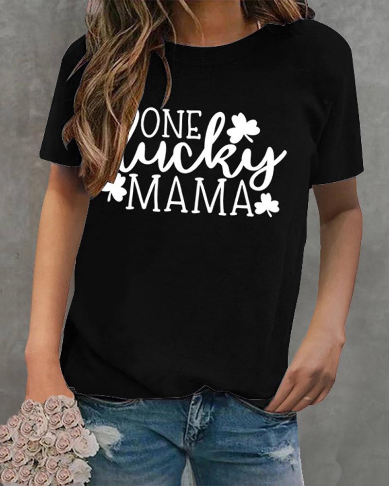 

St. Patrick' Day Letter Clover Print Casual T-shirt, Black