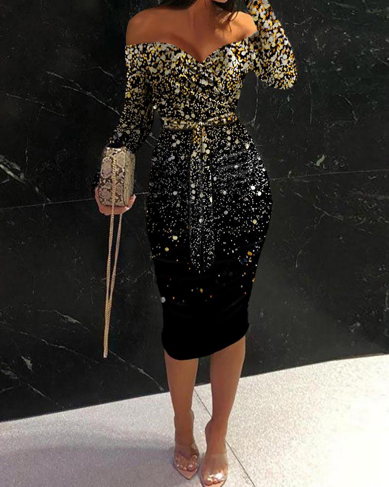 

Print Off Shoulder Tied Detail Ruched Party Dress, Black