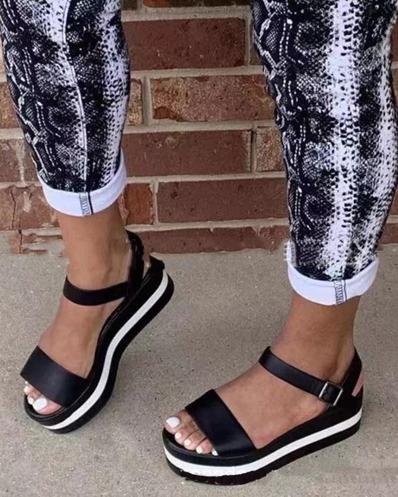 

Round-toe Color Block PU Leather Platform Sandals, White
