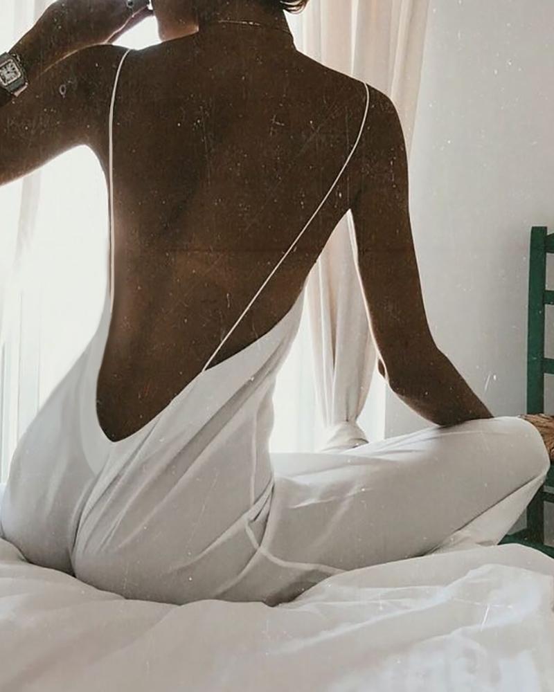

Spaghetti Strap Open Back Jumpsuit, White