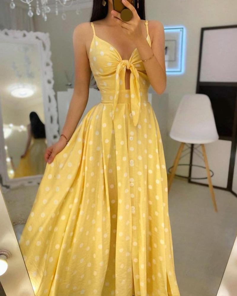 

Spaghetti Strap Polkadot Print Knotted Design Maxi Dress, Yellow