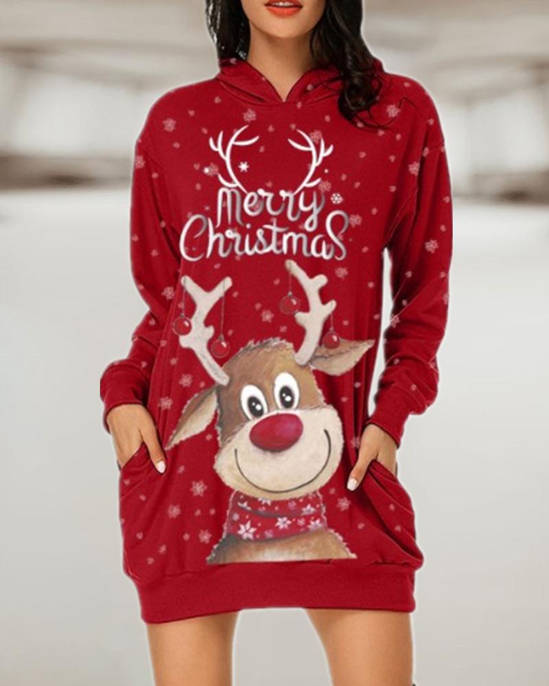 

Christmas Letter Elk Snowflake Print Round Neck Bodycon Dress, Red