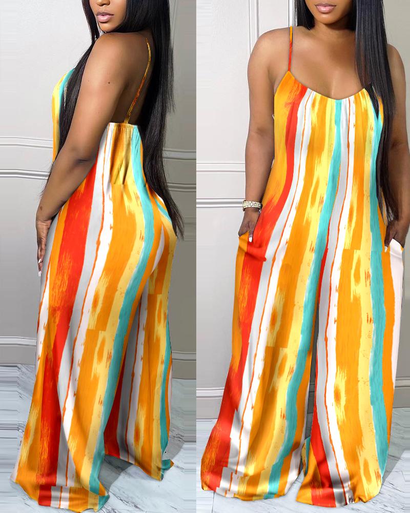 

Striped Print Spaghetti Strap Wide Leg Jumpsuit, Multicolor
