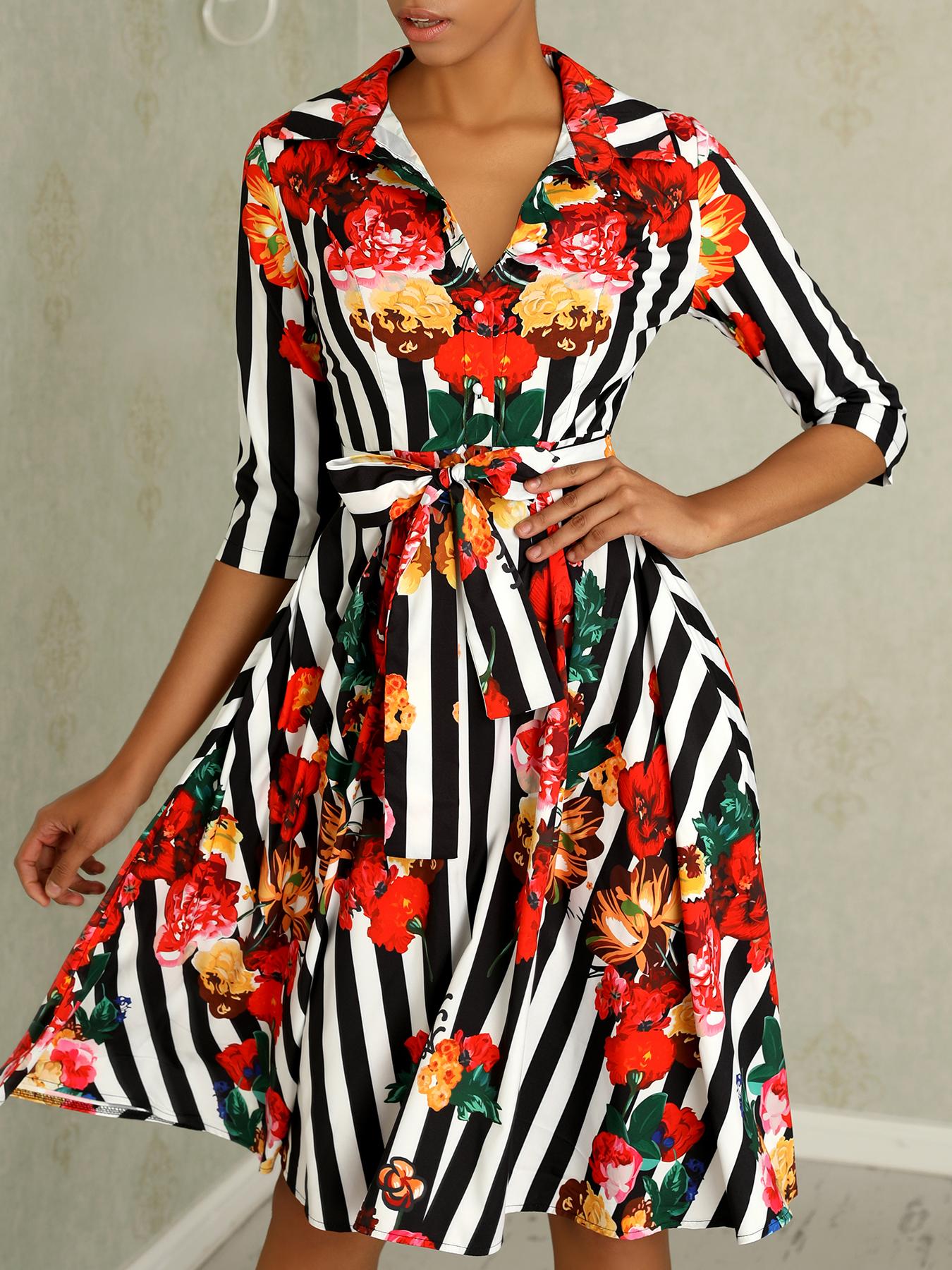 

Floral & Striped Print Half Sleeve Shirt Dress, Multicolor