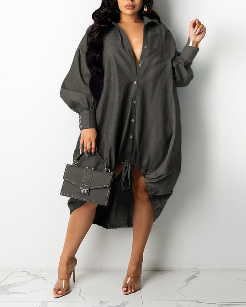 

Plus Size Long Sleeve Dip Hem Buttoned Shirt Dress, Dark grey