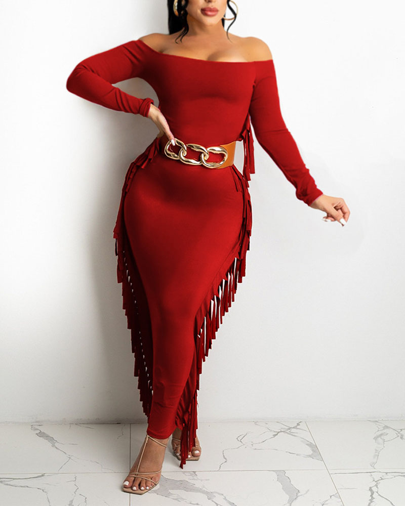 

Off Shoulder Fringe Trim Bodycon Dress, Red