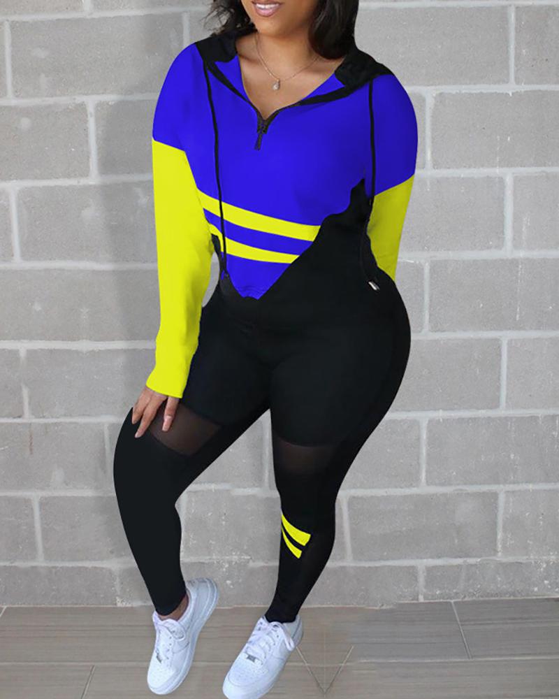 

Plus Size Colorblock Hooded Top & Mesh Pants Set, Blue