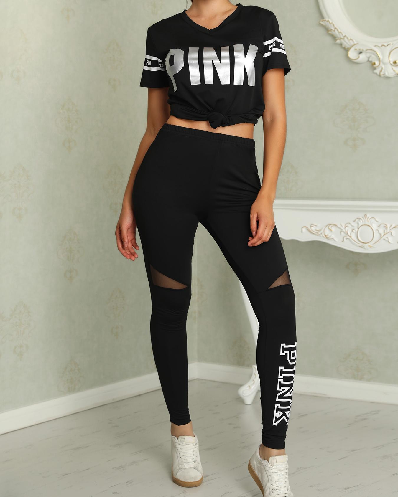 

Letter Print Patchwork Casual Pant Sets, Black