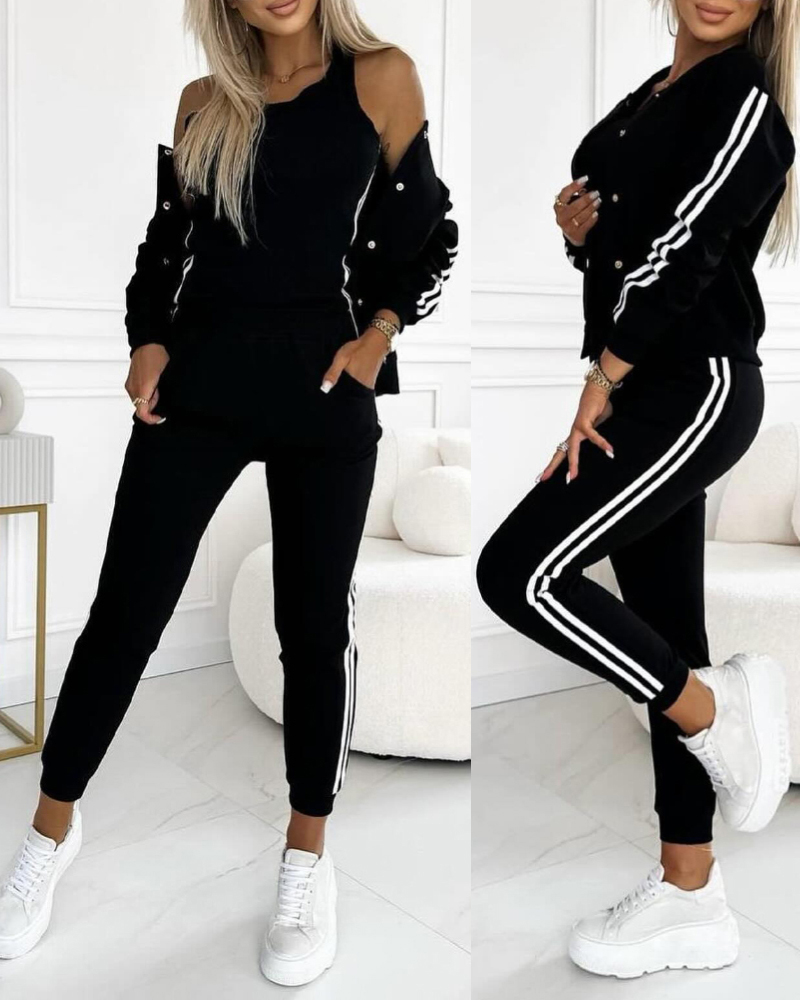 

3 Piece Outfits Matching Sets Striped Tape Patch Tank Tops Button Front Jacket Cuffed Pants with Pockets Tracksuit, Black