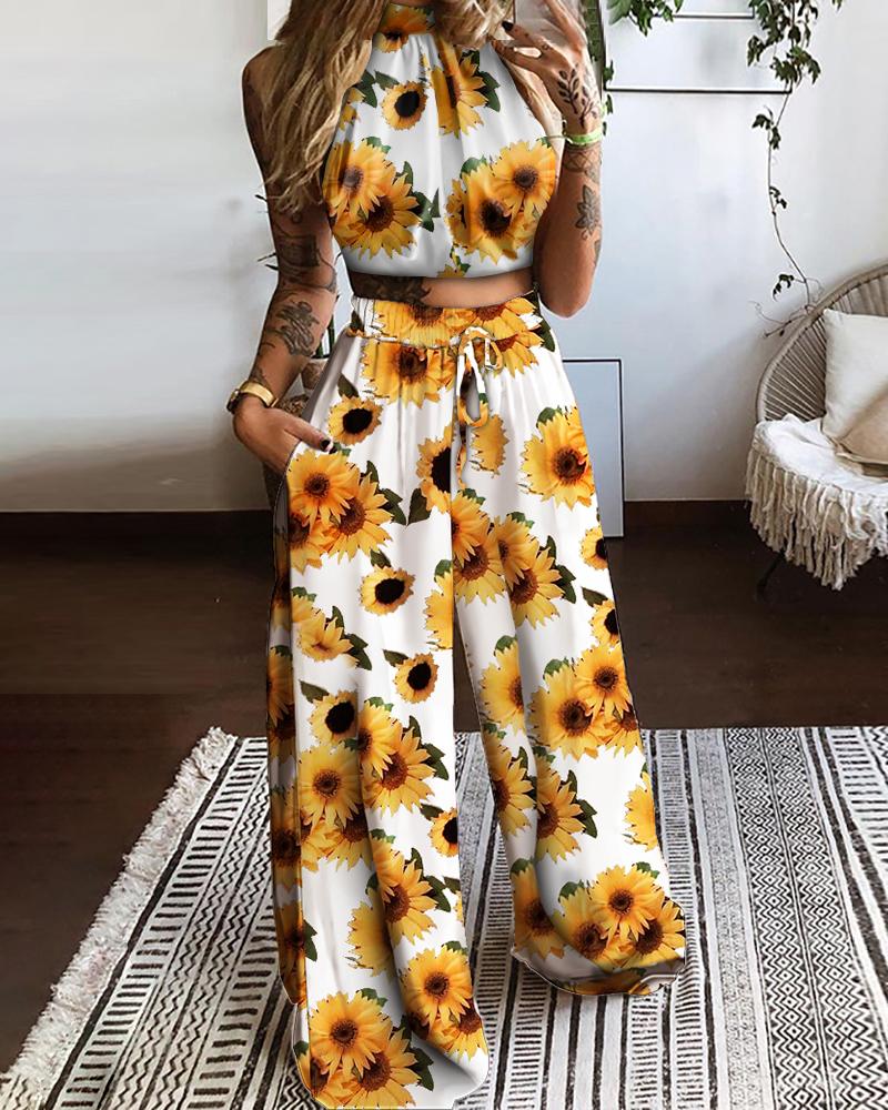 

Halter Sunflower Print Top & Drawstring Pocket Design Pants Set, White