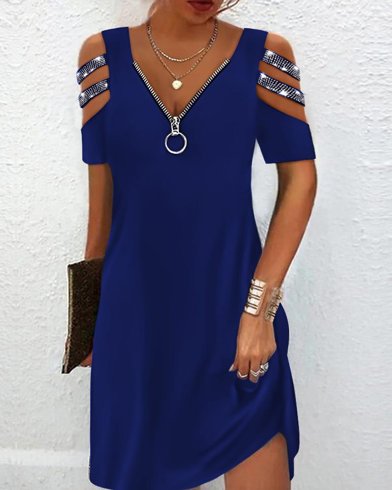 

Zipper Design Rhinestone Cold Shoulder Casual Dress, Blue