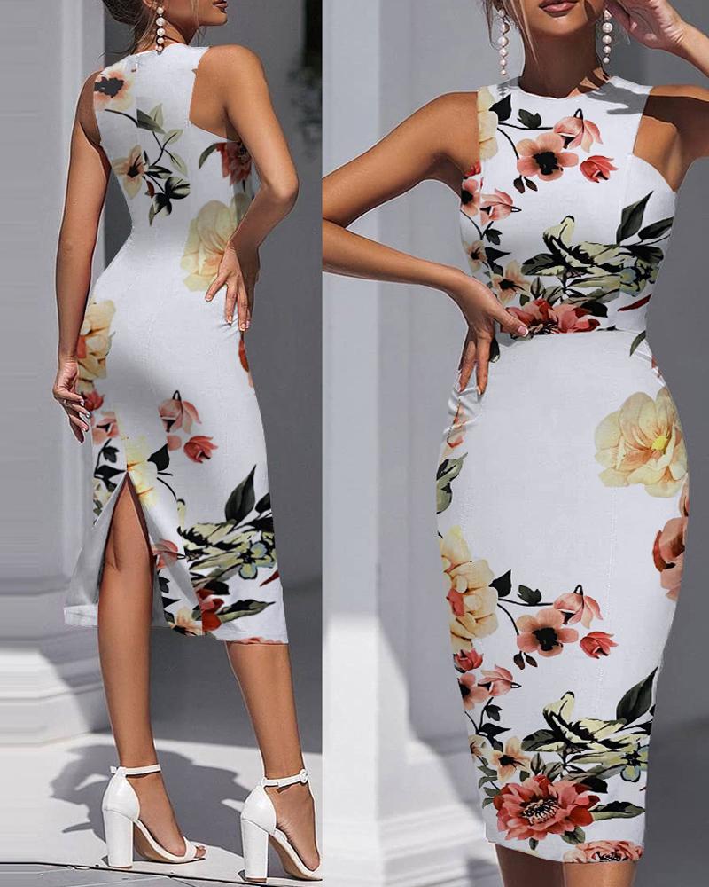 

Floral Print Sleeveless High Slit Dress, White