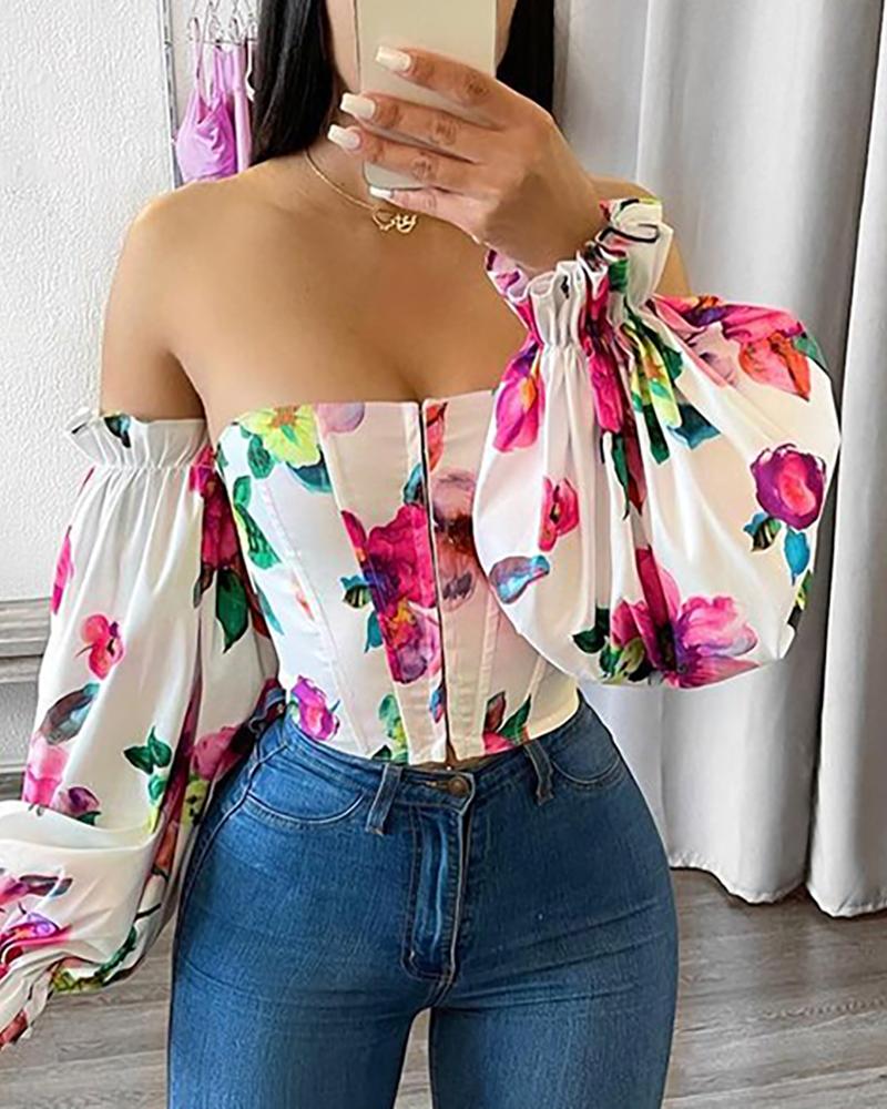 

Off Shoulder Lantern Sleeve Floral Print Top, White