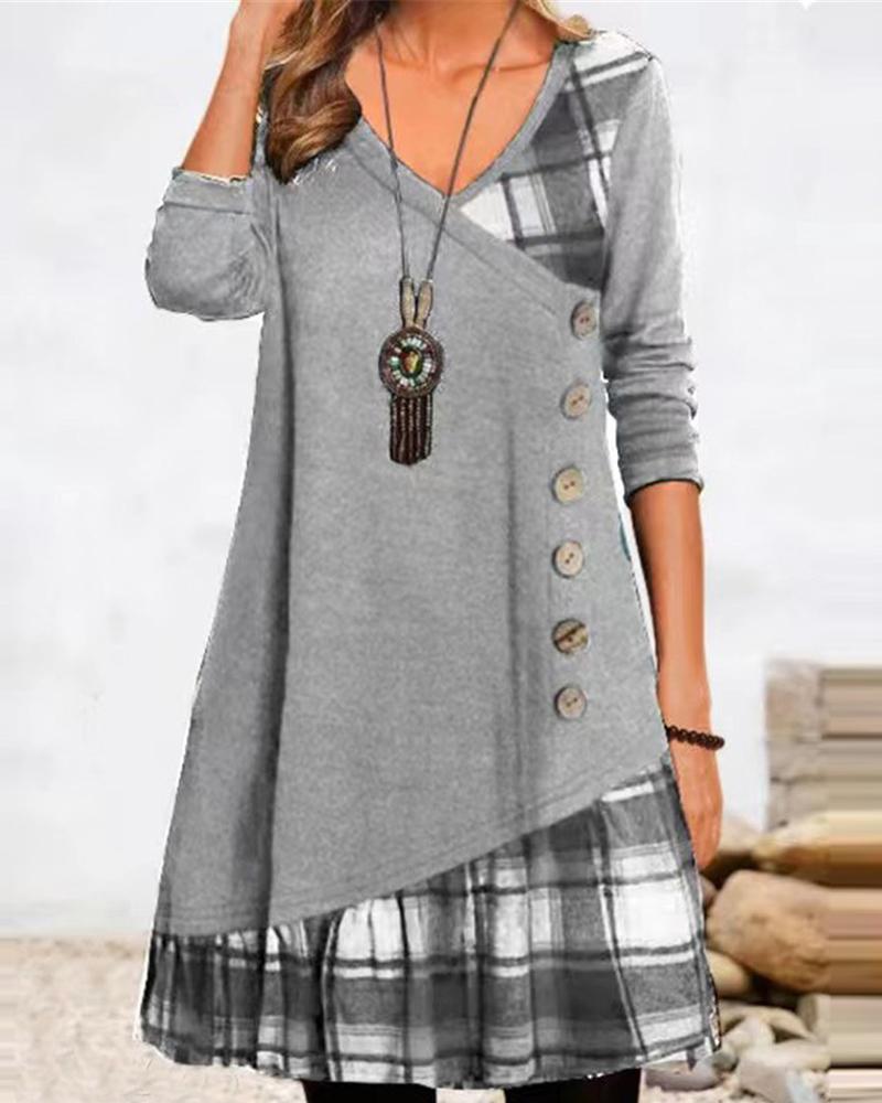 

Plaid Print Button Front Casual Dress, Light gray