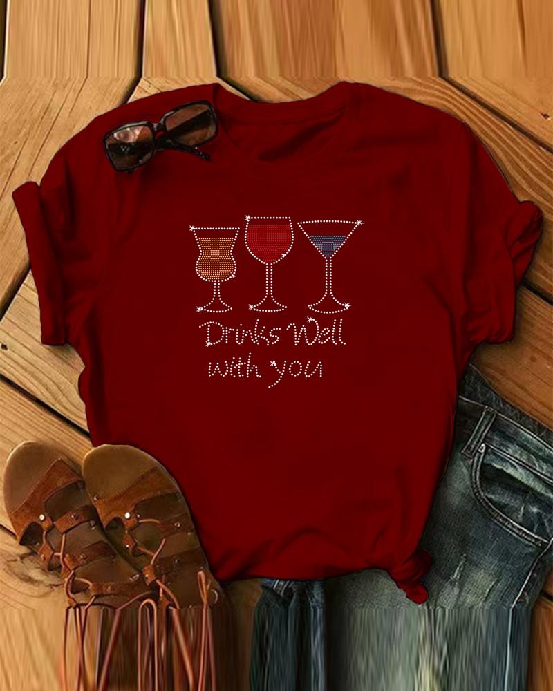 

Christmas Rhinestone Wine Glass Letter Pattern Casual T-shirt, Wine red