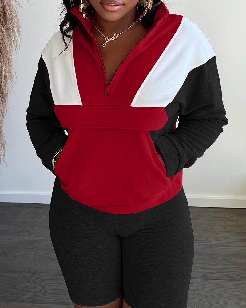 

Colorblock Pocket Design Sweatshirt & High Waist Shorts Set, Red