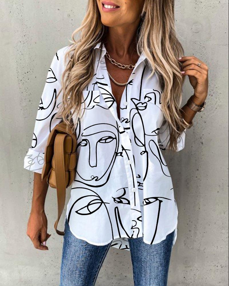 

Abstract Figure Print Long Sleeve Button Down Shirt, White