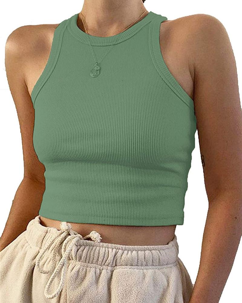 

Crew Neck Crop Basics Tank Top, Green