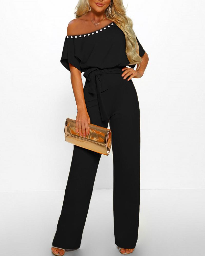 

Beaded Decor Cold Shoulder Belted Jumpsuit, Black