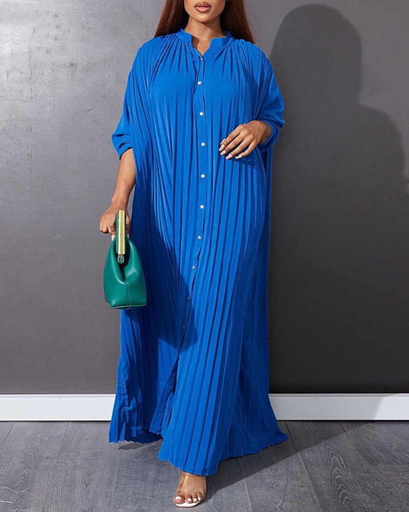 

Pleated Button Design Maxi Dress, Blue