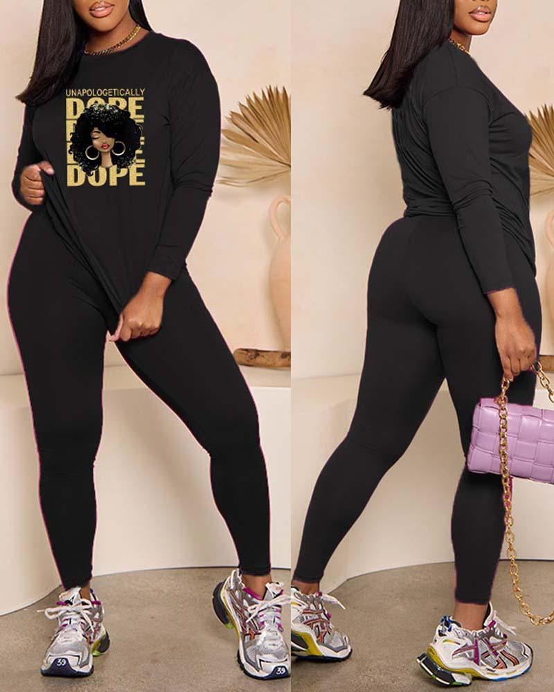 

Plus Size Figure Letter Print Casual Top & Pants Set, Black