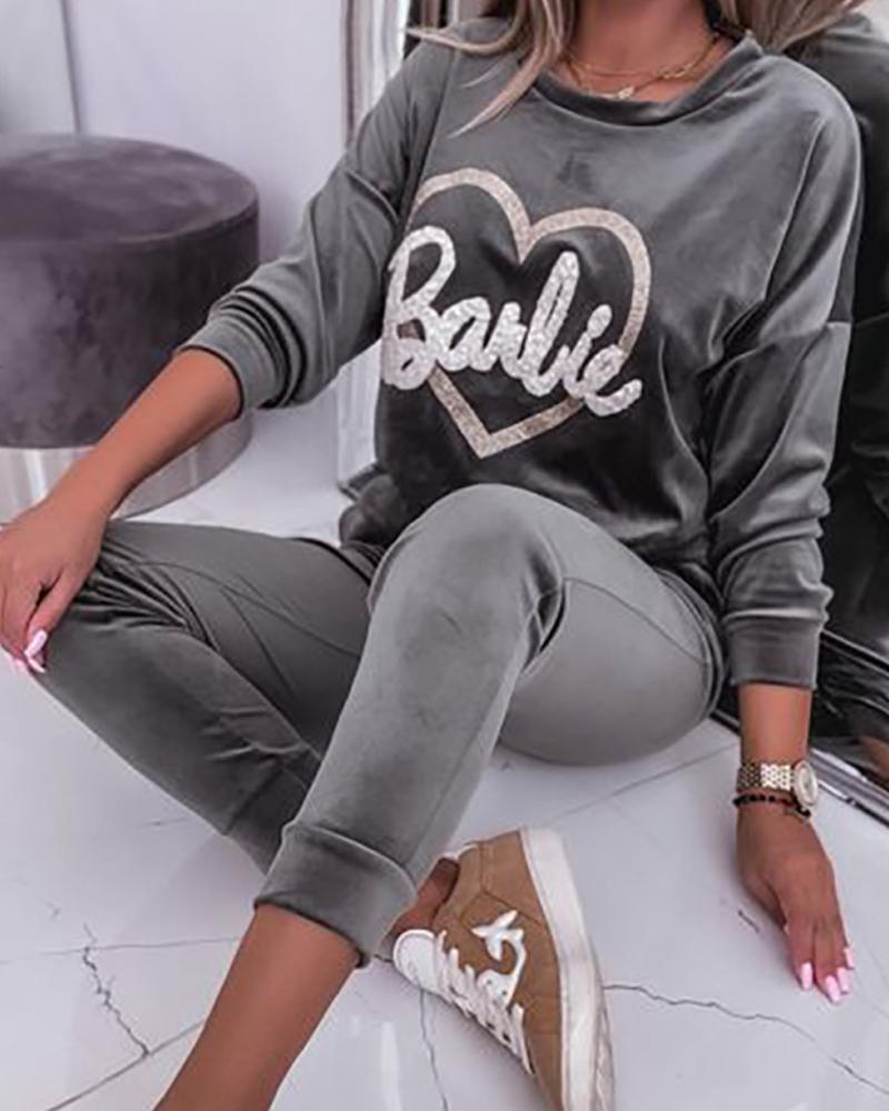 

Barbie Letter Heart Print Long Sleeve Top & Pants Set, Green