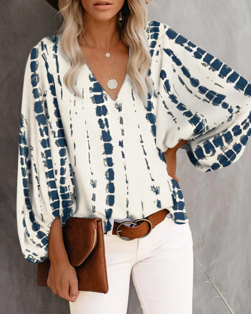 

V-Neck Tie Dye Print Lantern Sleeve Top, White