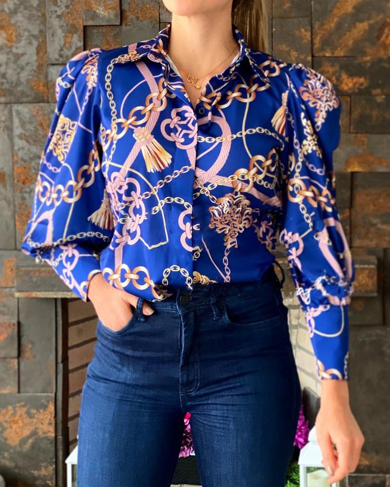 

Chain Print Puff Sleeve Button Up Top, Style1