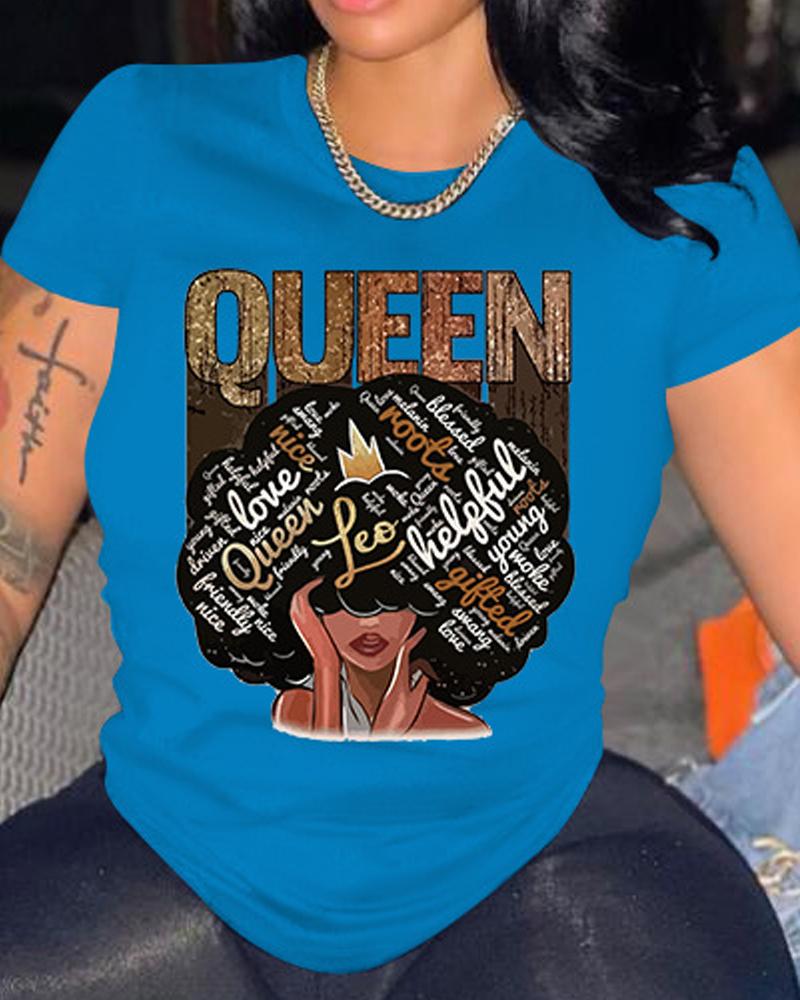 

Figure Letter Print Casual T-shirt, Blue