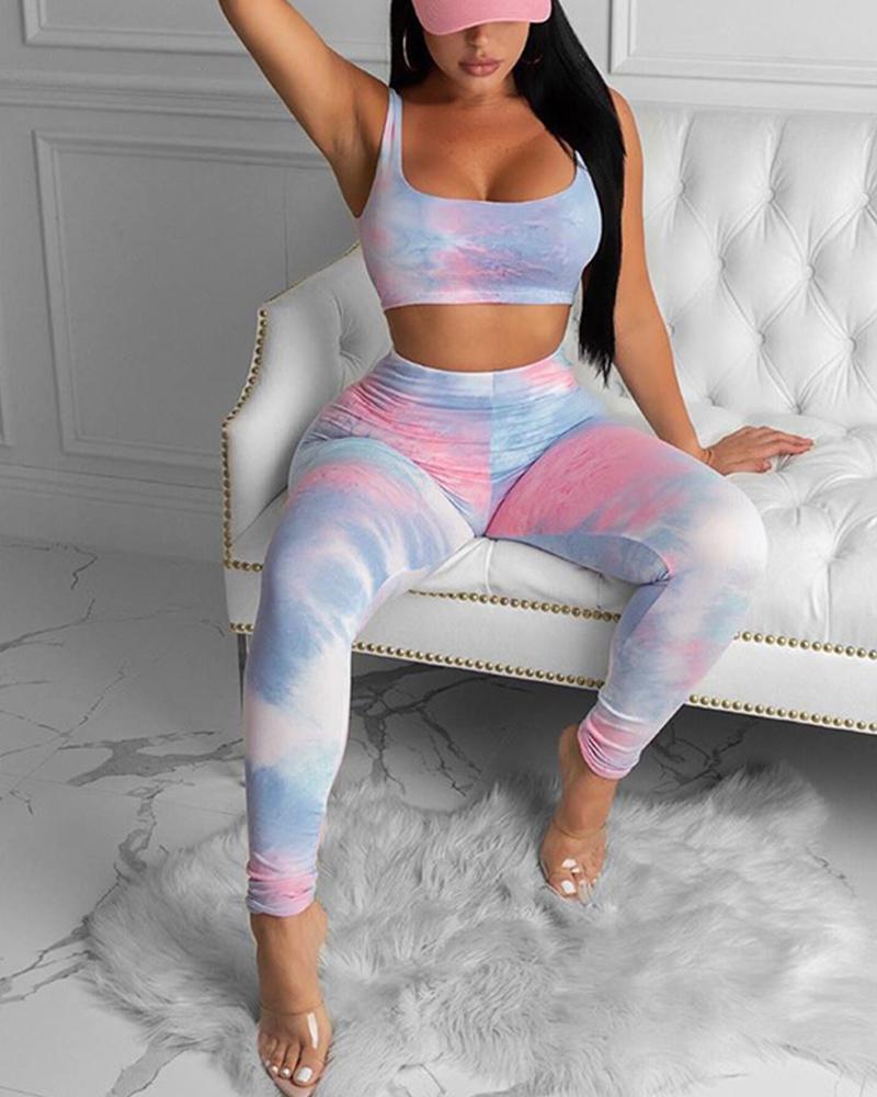 

Tie Dye Printing Cropped Tanks And Yoga Pants Suit Sets, Pink