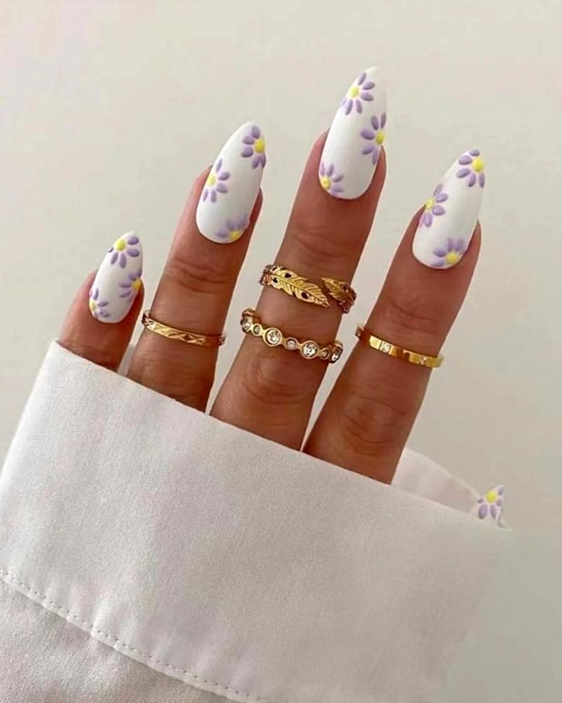 

24pcs Floral Pattern Stiletto Almond Nails Set, White