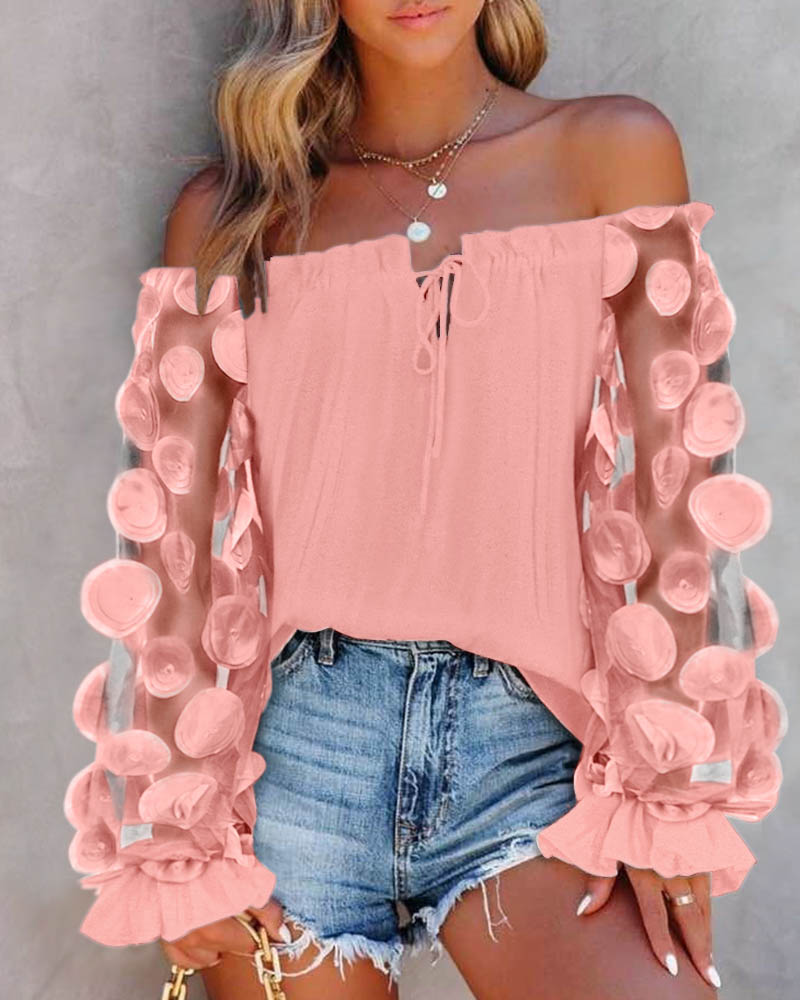 

Floral Pattern Sheer Mesh Patch Frill Hem Top, Pink