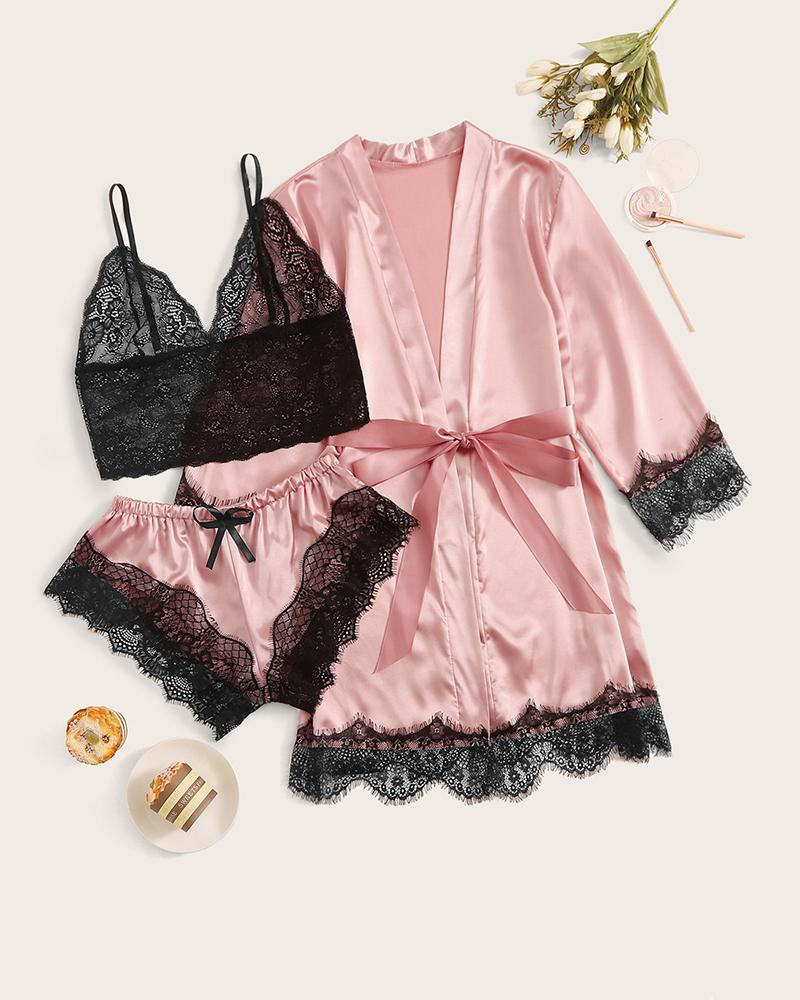 

Satin Eyelash Crochet Lace Cami Set With Robe, Pink