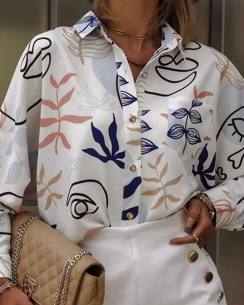 

Plants Print Button Design Shirt, White