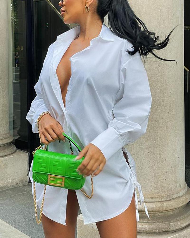 

Solid Button Front Drawstring Ruched Split Side Shirt Dress, White