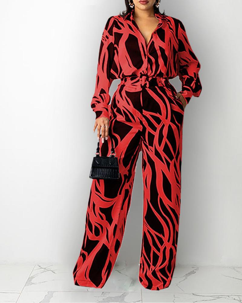 

Abstract Print Button Front Pocket Detail Wide Leg Jumpsuit, Red