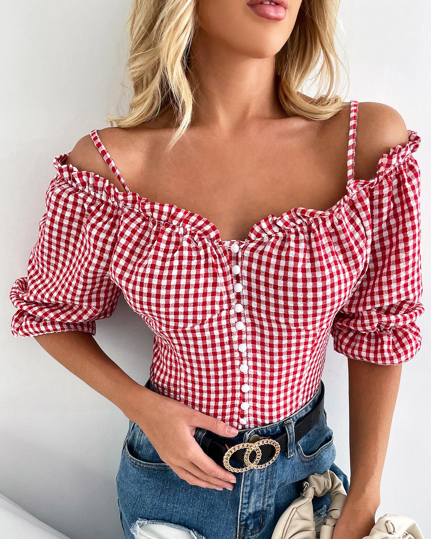 

Cold Shoulder Plaid Print Frill Hem Top, Red