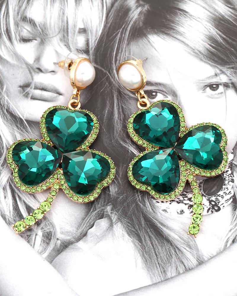 

1Pair St. Patrick's Day Rhinestone Heart-shaped Clover Drop Earrings, Green