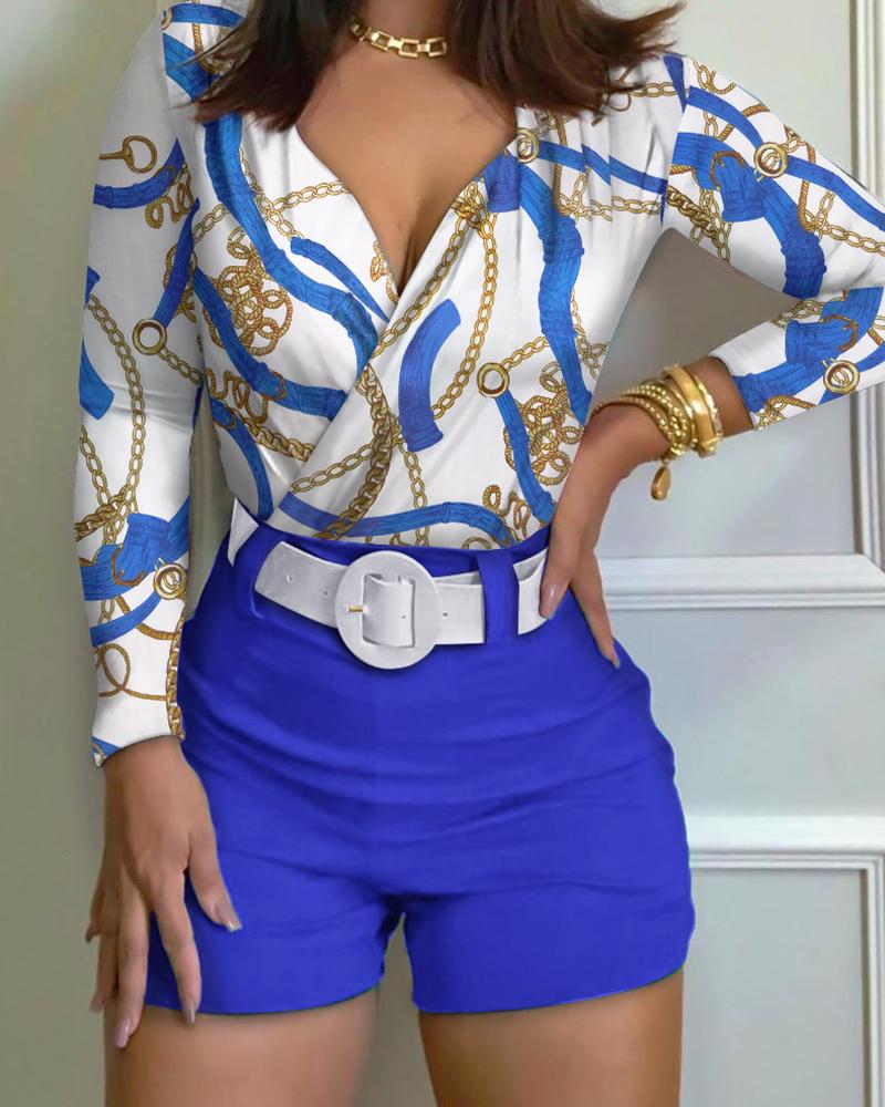 

Chain Print Long Sleeve Women Top & Plain Shorts Set, Blue
