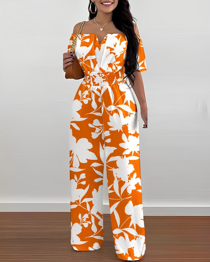 

Plants Print Off Shoulder Shirred Waist Jumpsuit, Orange