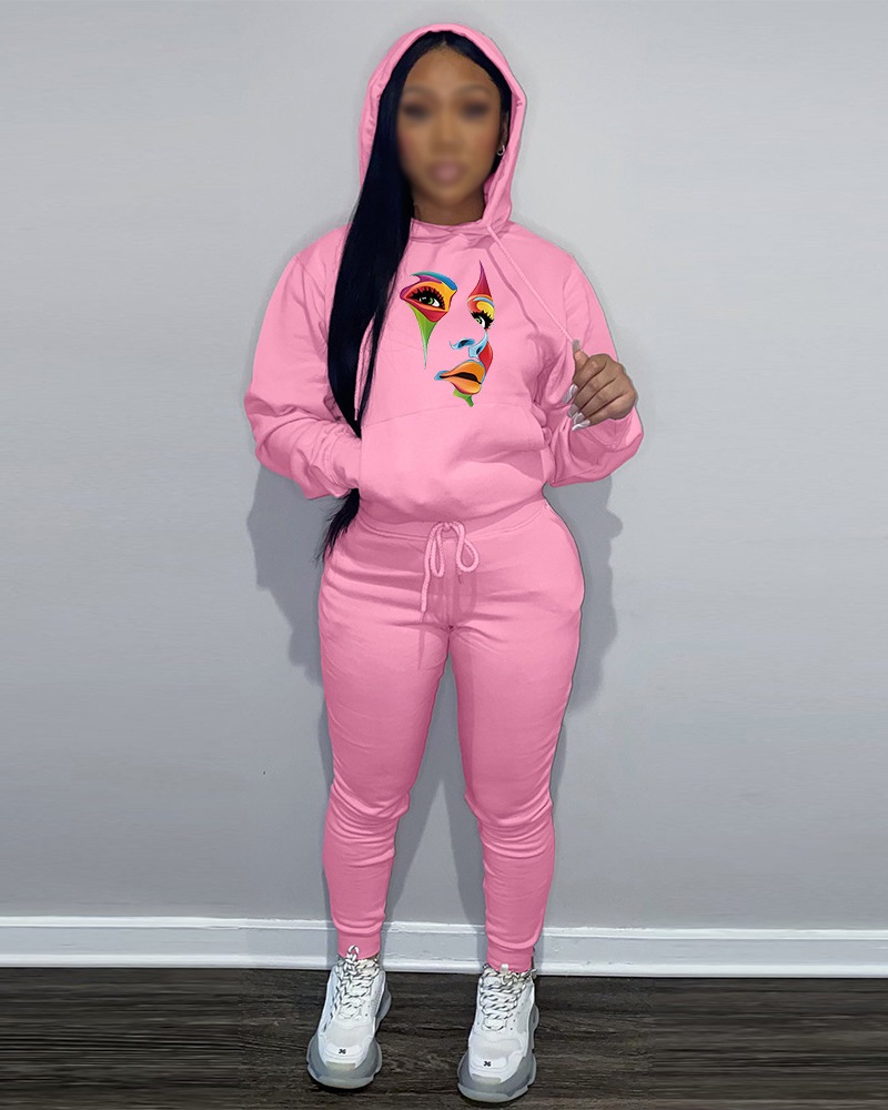 

Figure Print Drawstring Hoodie & Pants Set, Pink