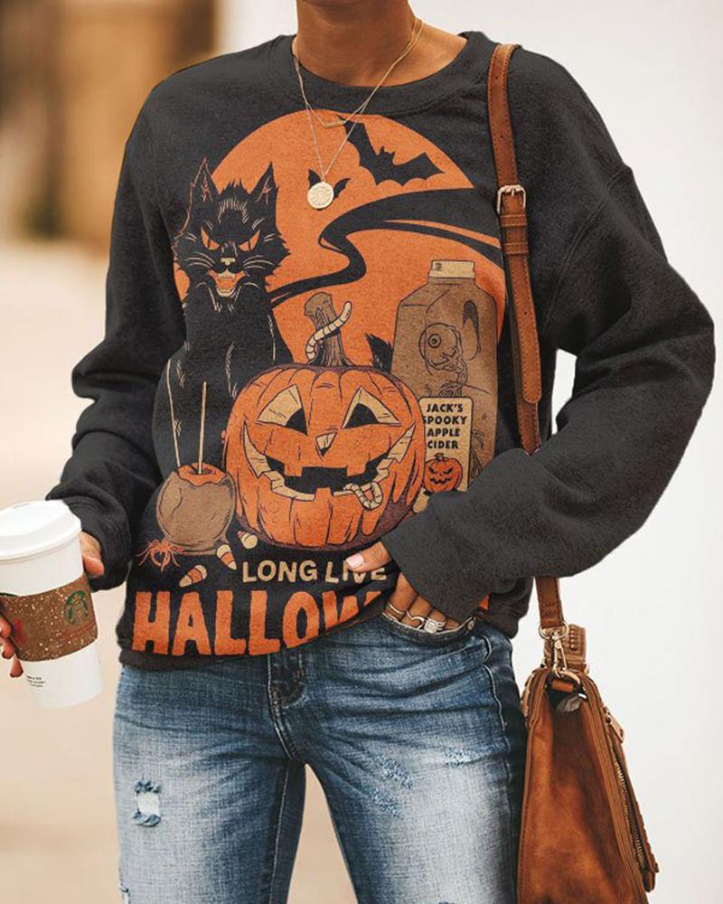 

Halloween Graphic Pumpkin Print Sweatshirt, Black