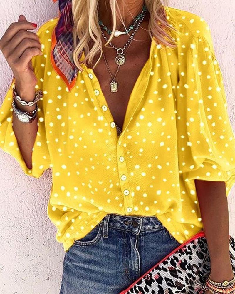 

Button Design All Over Print Lantern Sleeve Top, Yellow