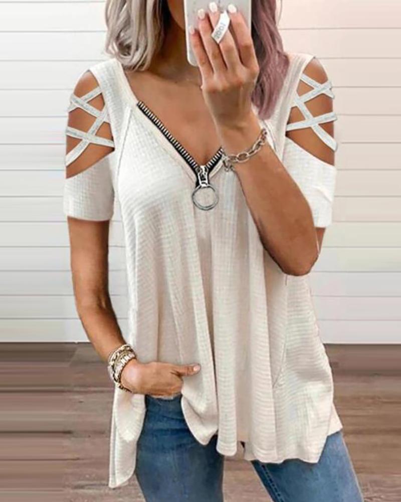 

Cutout Short Sleeve Zipper Design Top, White