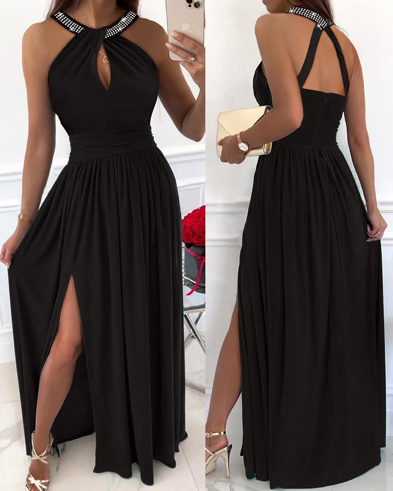 

Rhinestone Halter Backless High Slit Party Dress, Black