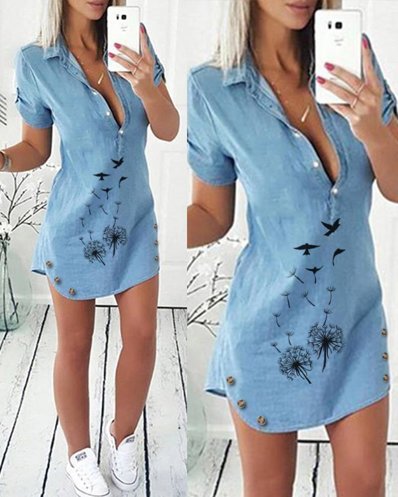 

Dandelion Print Button Decor Casual Denim Dress, Blue